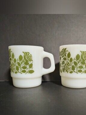 Vtg Anchor Hocking Fire King Rose Garden Green Milk Glass Stackable Mug Set of 2